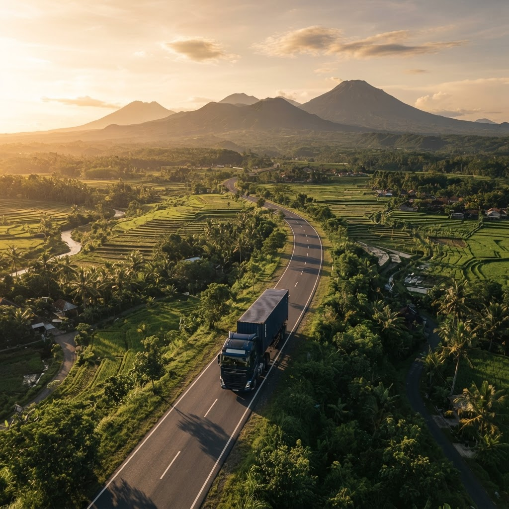Truk kontainer melintasi jalan raya di pedesaan Indonesia