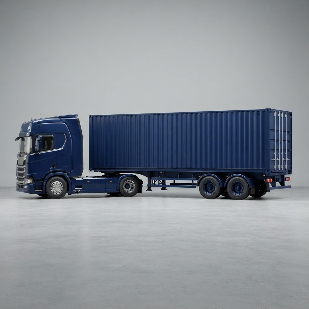 Kepala trailer biru navy menarik kontainer 40 kaki