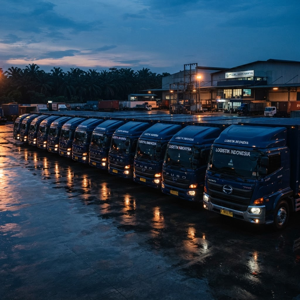 Barisan truk kargo PT Oto Jaya Niaga Trans di depo logistik saat senja